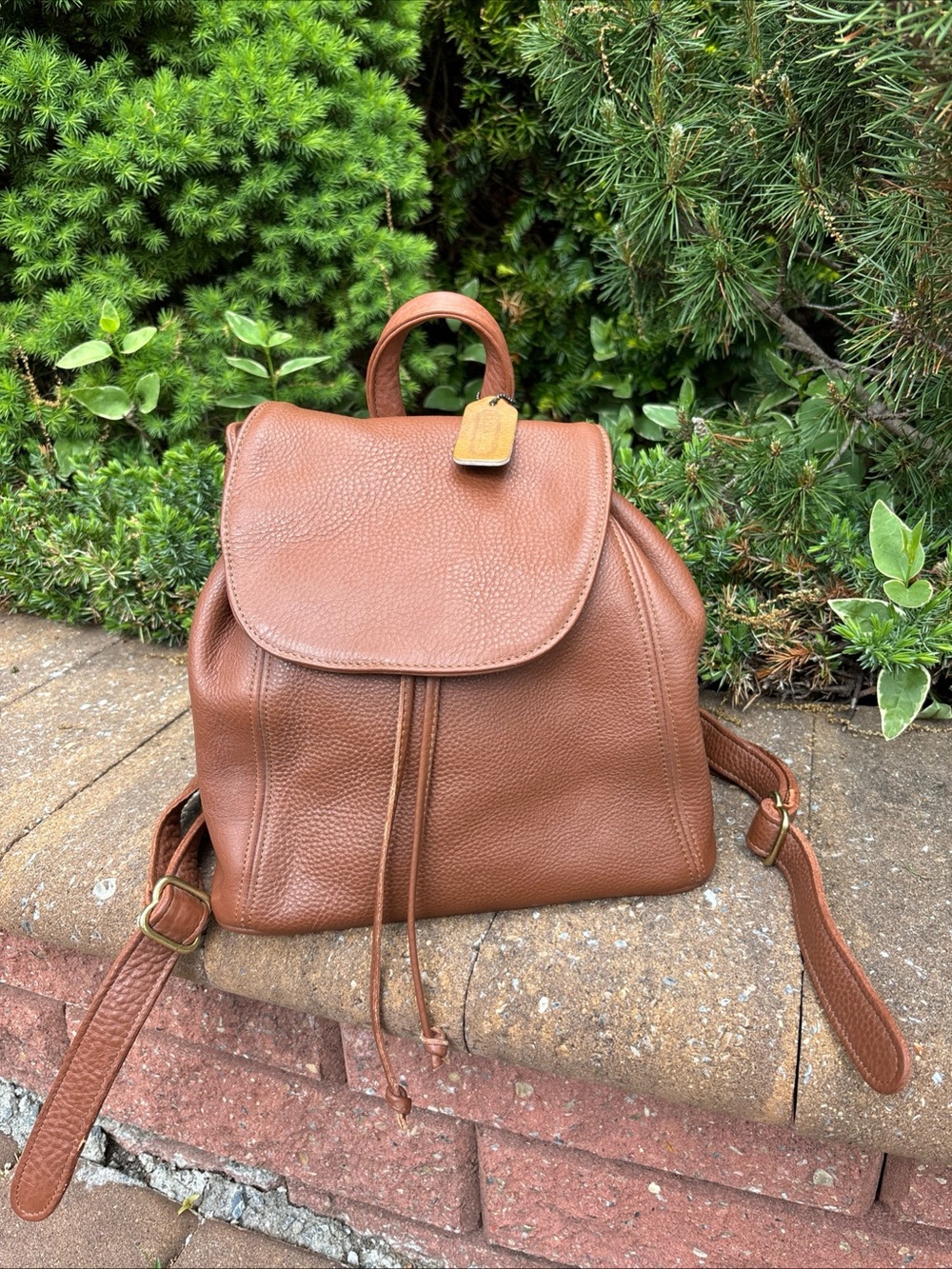 Vintage COACH 3908 Backpack Drawstring Flap Pebbled Leather Bag Brown Tan